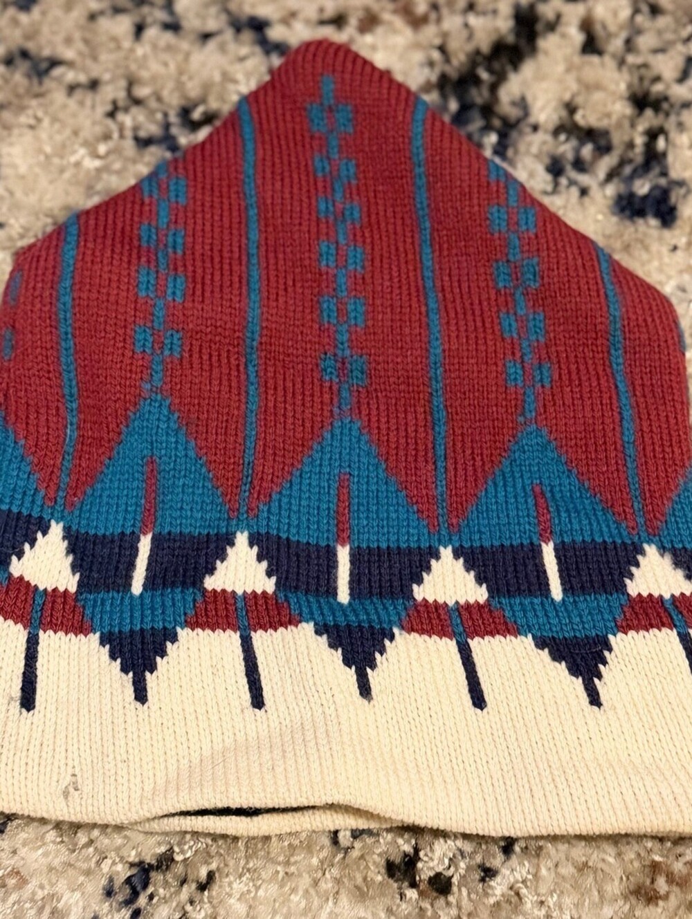 Vintage Sno Knits Fair Isle Knit Beanie Red Teal Navy Fleece Lined Aspen